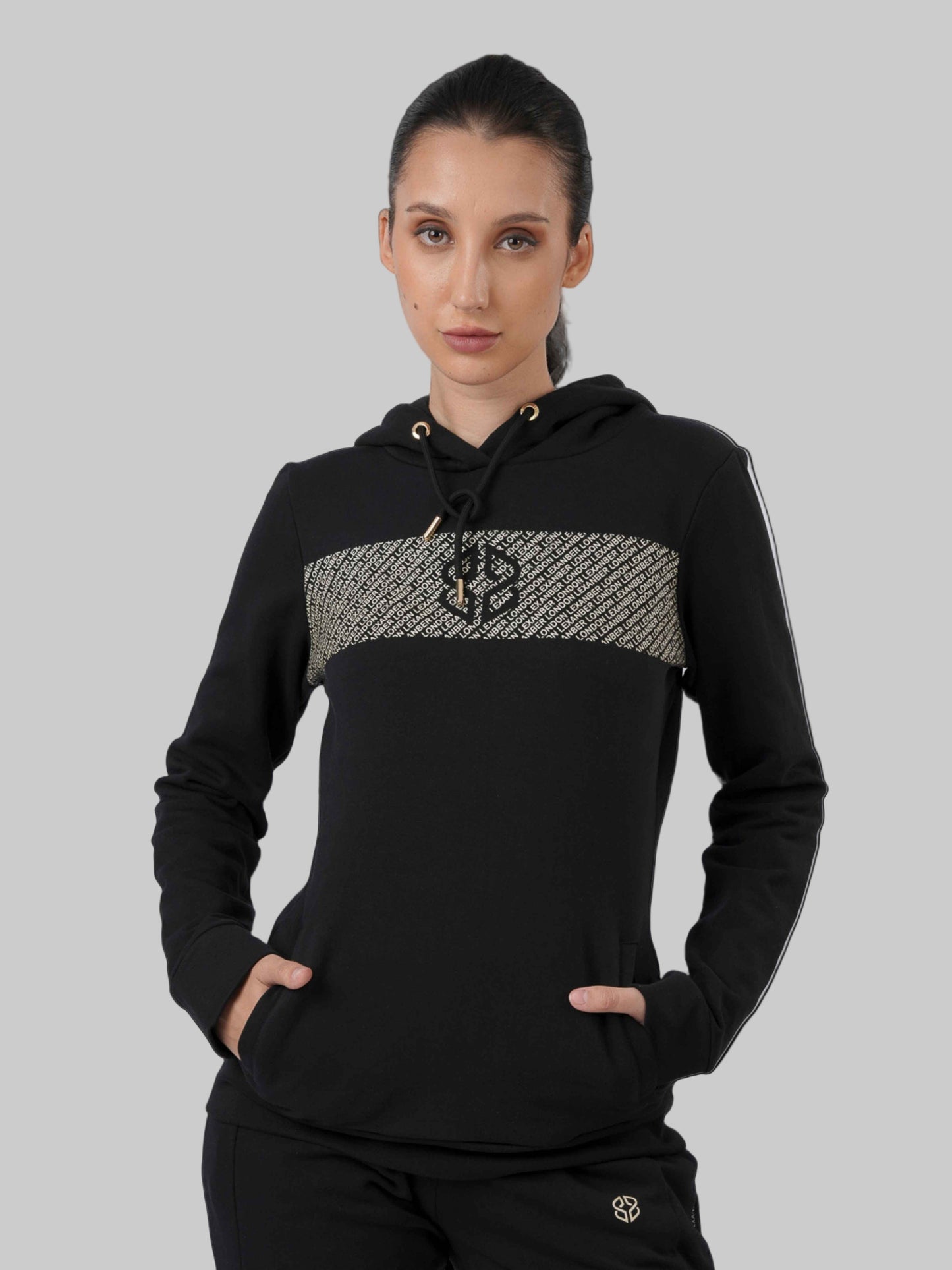 Women's slim fit daily wear cotton rich stretchable overhead hoodie in black with patterned chest design - front view - Lexanber UK
