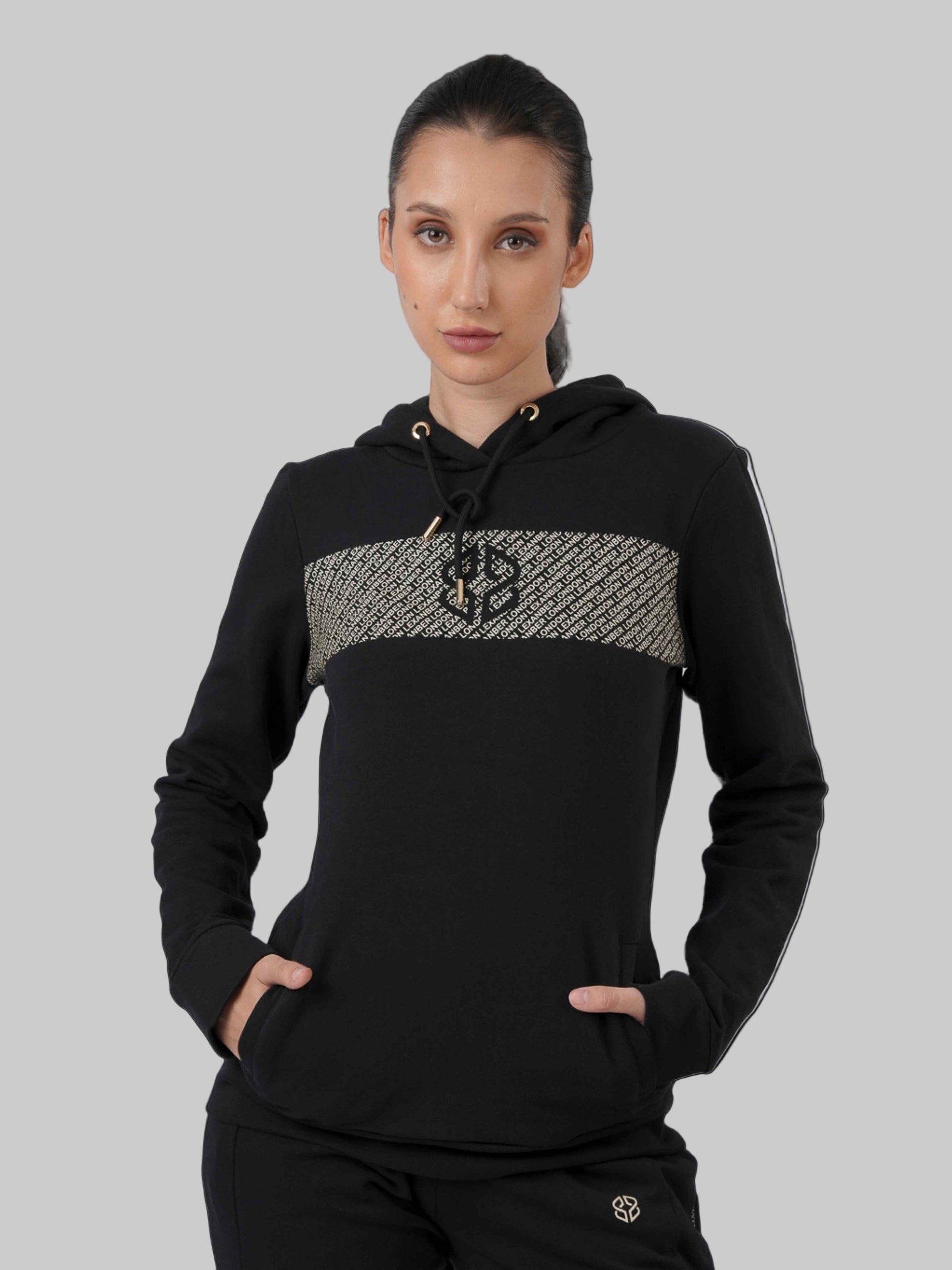 Women's slim fit daily wear cotton rich stretchable overhead hoodie in black with patterned chest design - front view - Lexanber UK