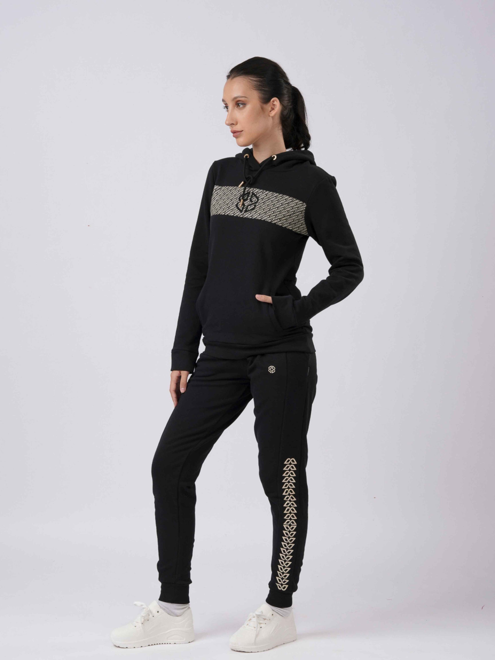 Women's slim fit daily wear cotton rich stretchable overhead hoodie in black with patterned chest design - front view - Lexanber UK