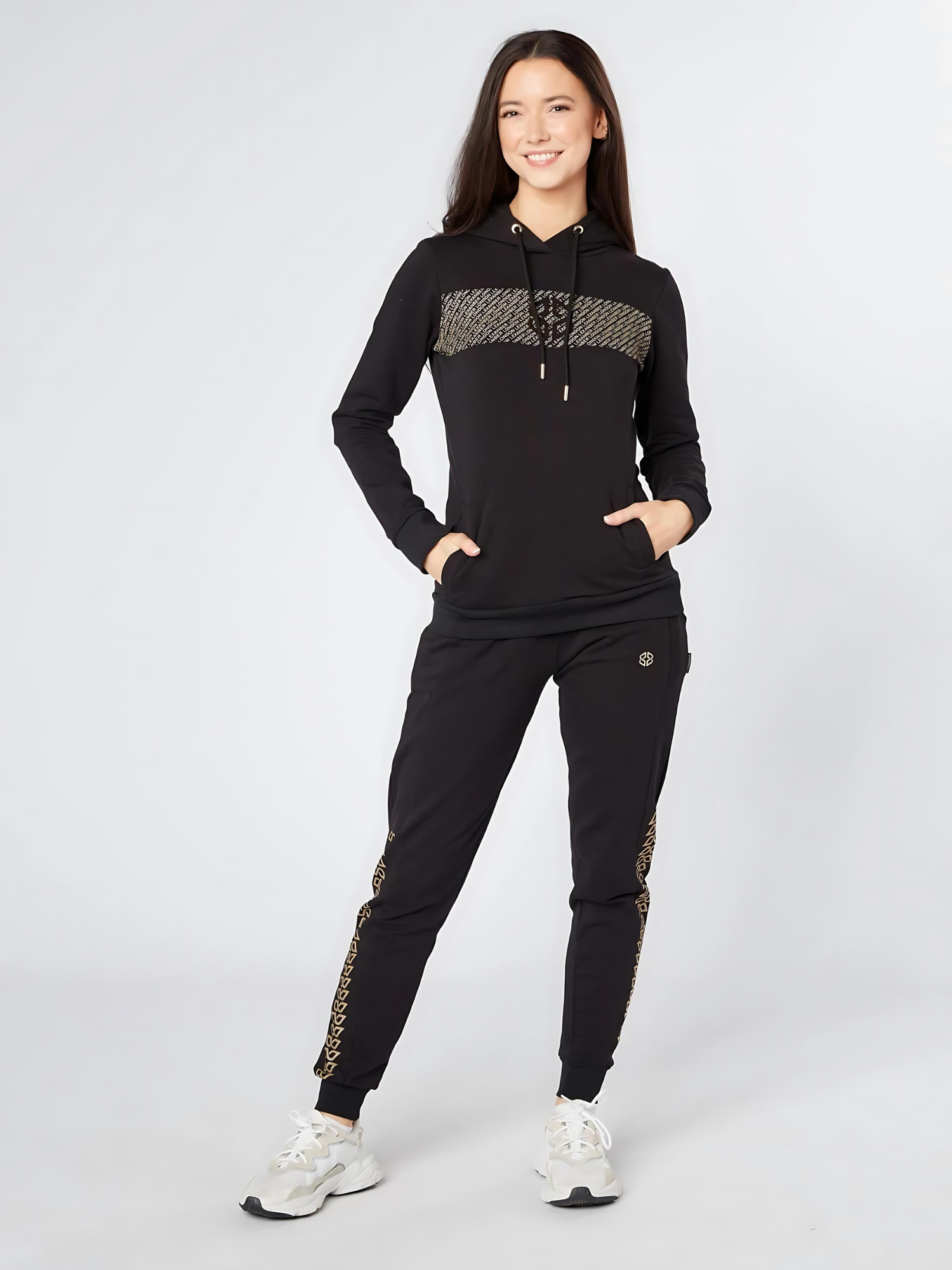 Model wearing LEXANBER women's slim fit hoodie and jogger with golden pattern - Lexanber UK