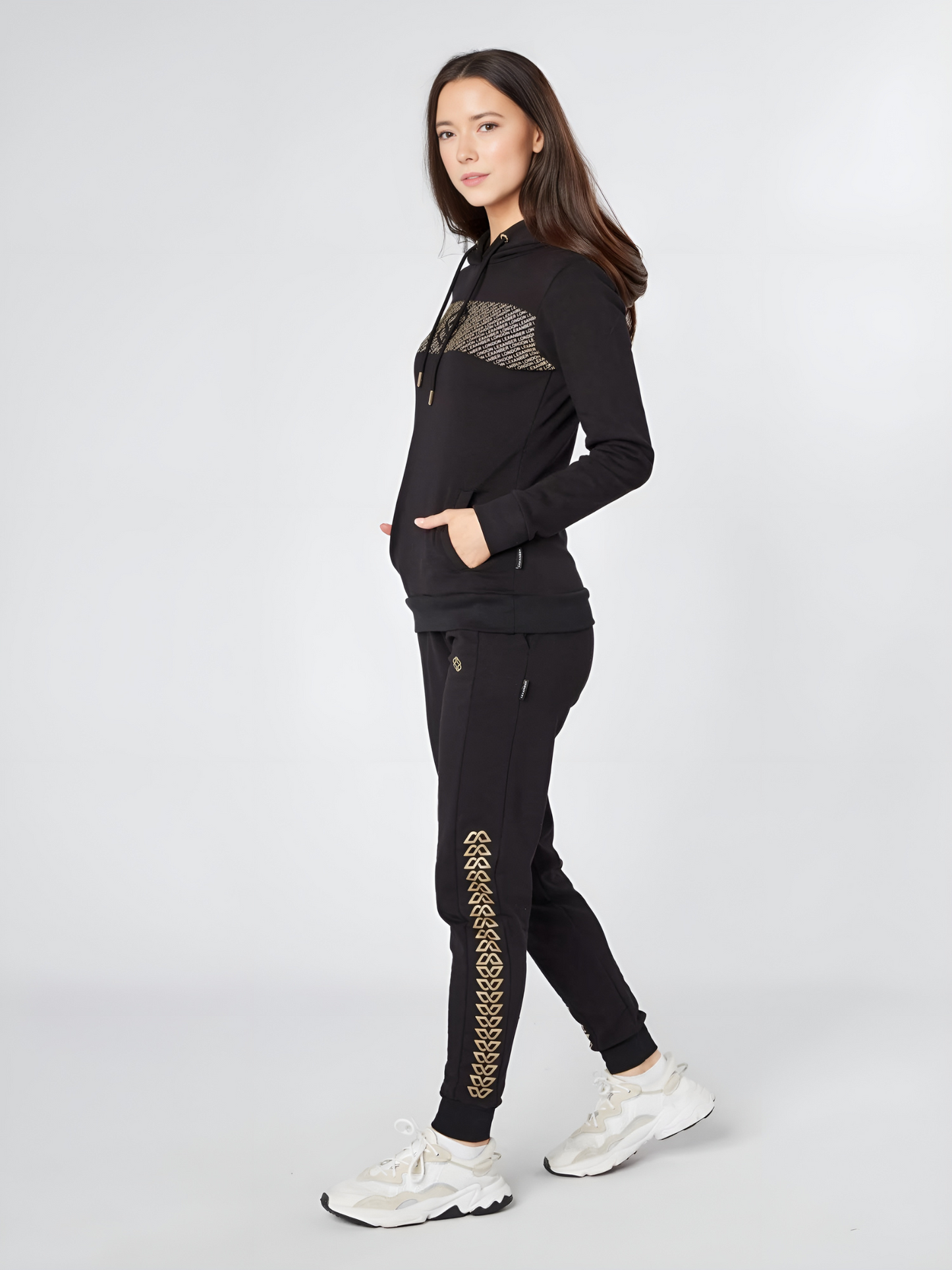 Slim fit womens daily wear overhead black hoodie with white patterned chest design - side view - Lexanber UK