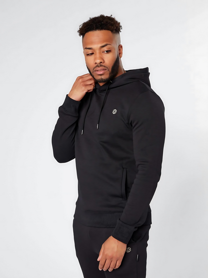 Mens Slim fit street wear soft overhead hoodie in black - side view - Lexanber UK