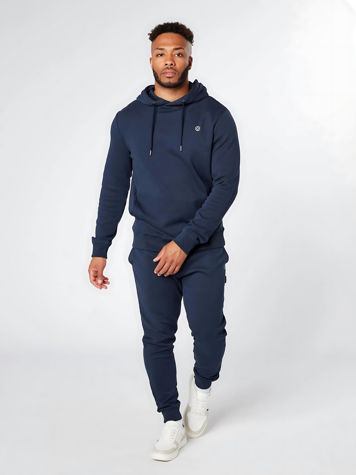 Model wearing slim fit men's daily wear overhead hoodie in blueberry - Lexanber UK