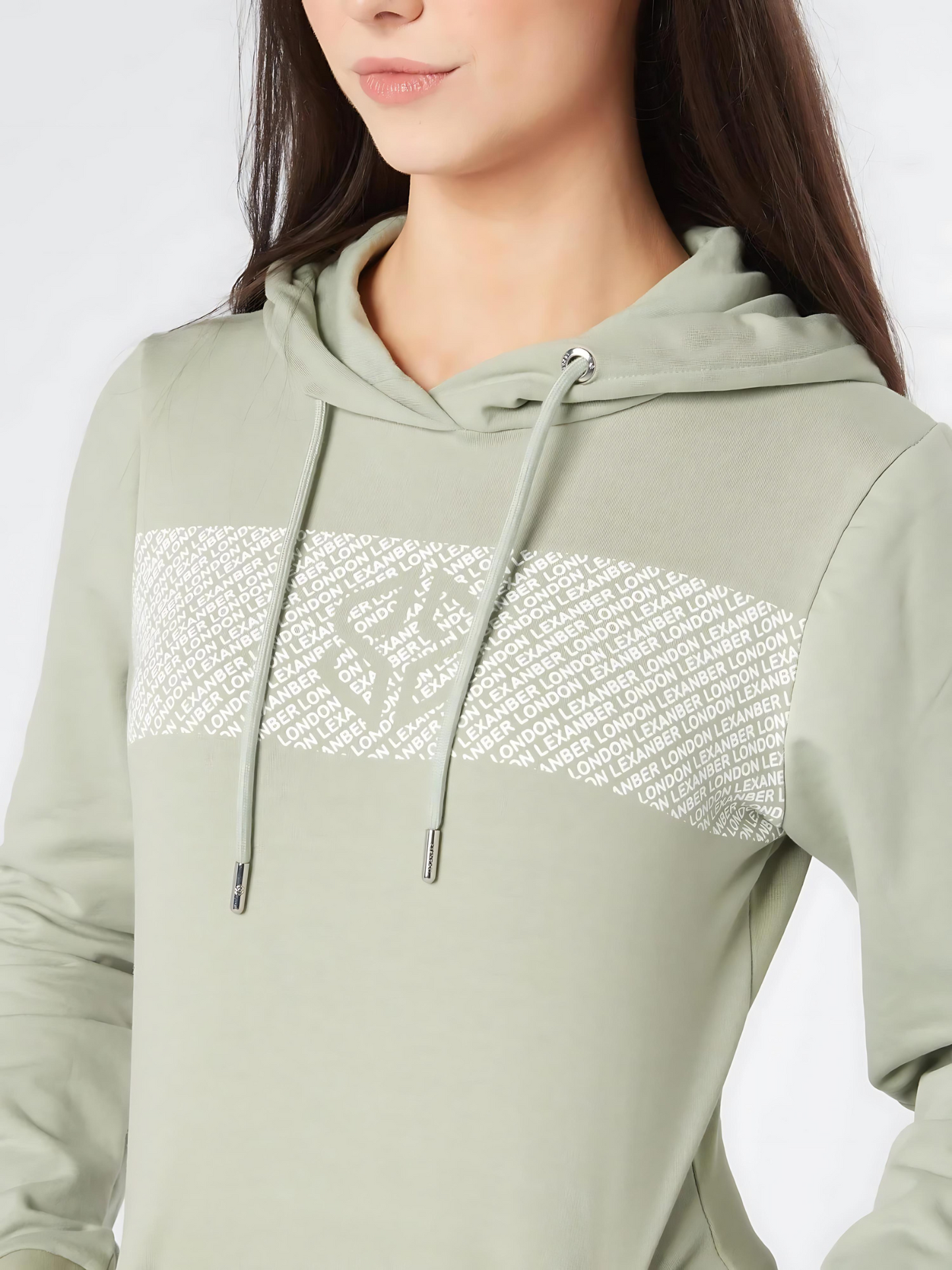 Close-up view of slim fit womens daily wear sage green hoodie with graphic print - Lexanber UK