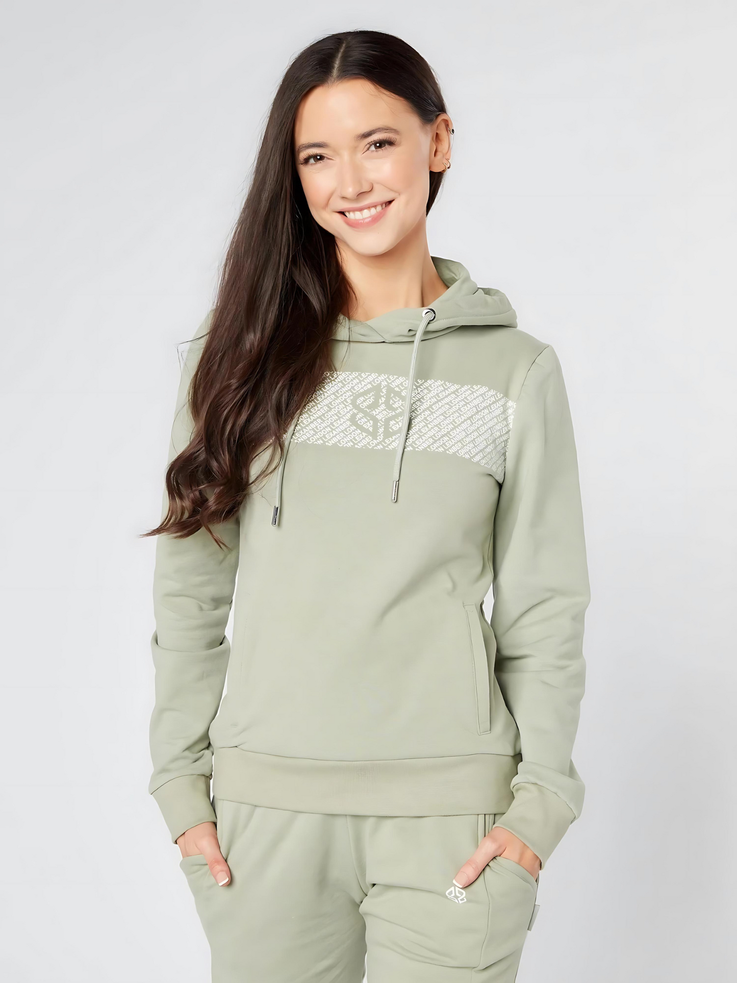 Slim fit womens casual wear overhead hoodie in sage green - front view - Lexanber UK
