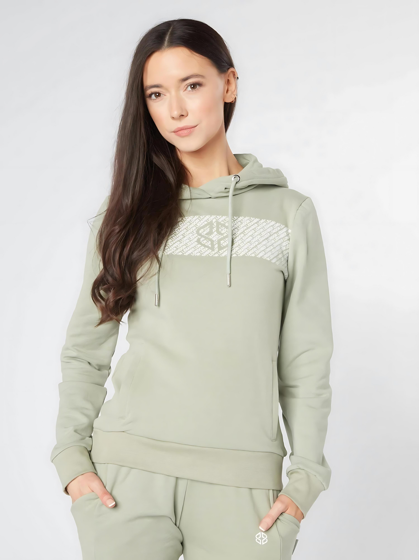 Slim fit women's daily wear cotton rich stretchable overhead hoodie in sage green - front view - Lexanber UK
