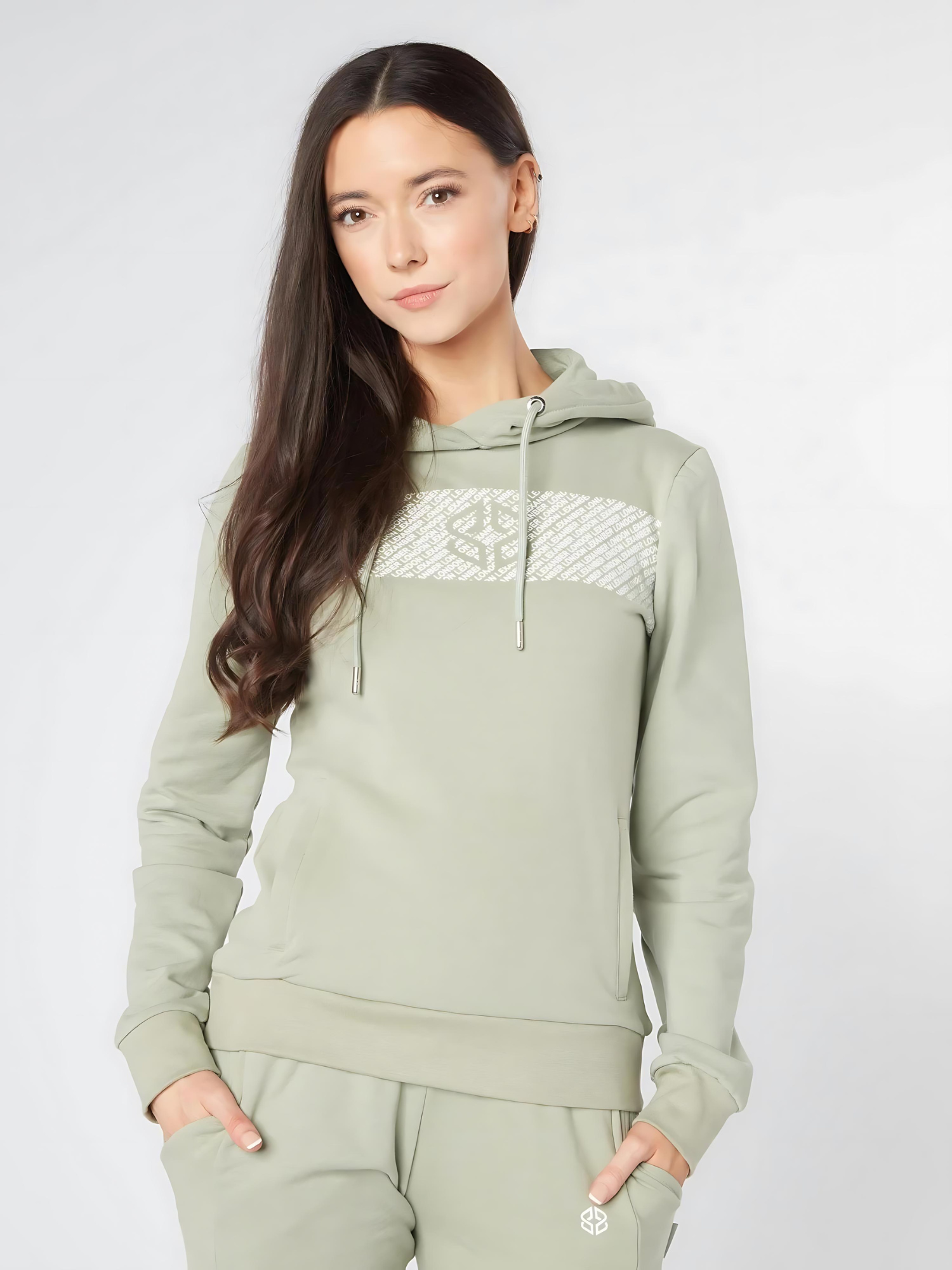 Slim fit women's daily wear cotton rich stretchable overhead hoodie in sage green - front view - Lexanber UK