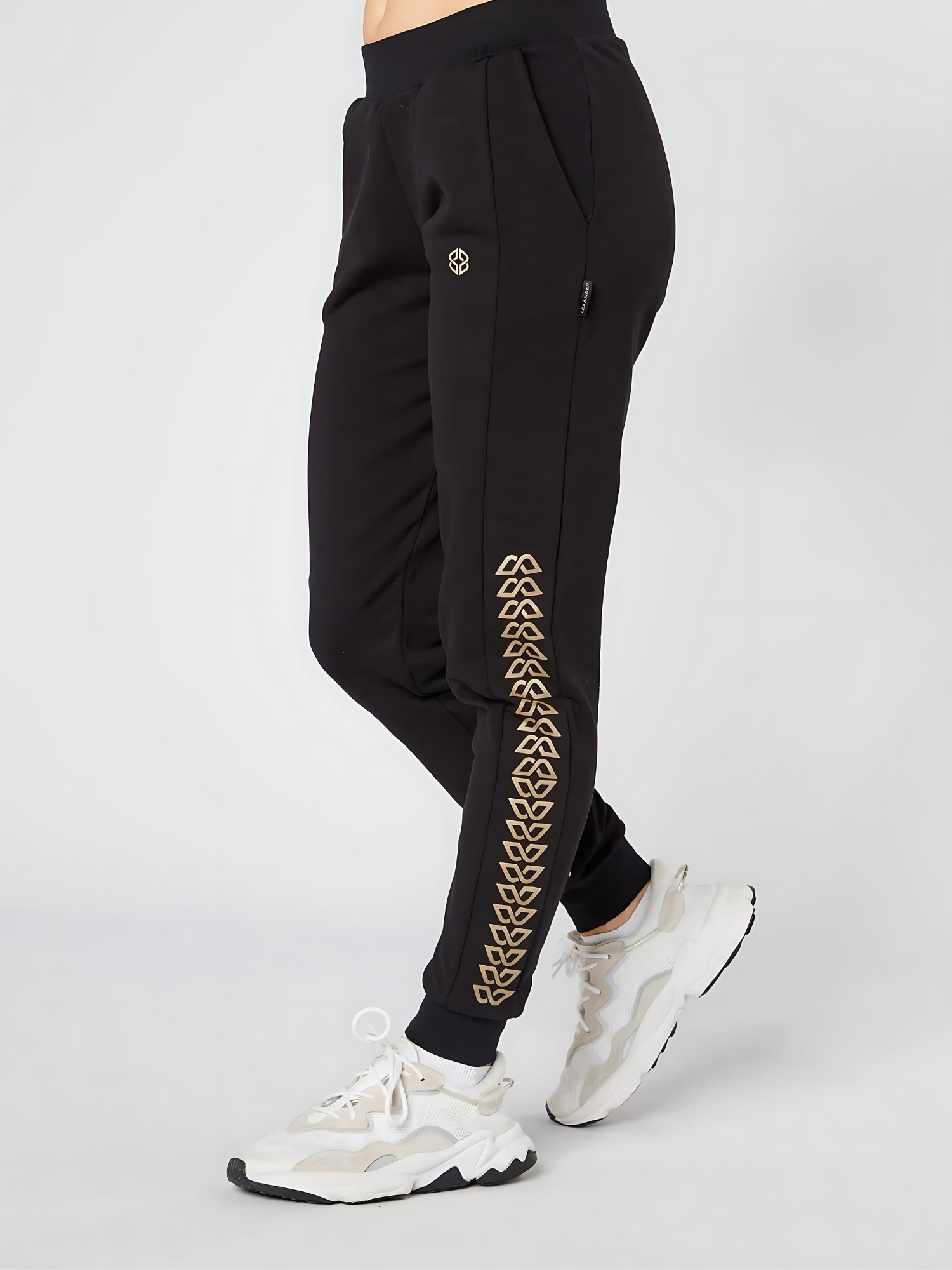Womens slim fit casual wear black jogger with golden geometric pattens on sides - side view - Lexanber UK