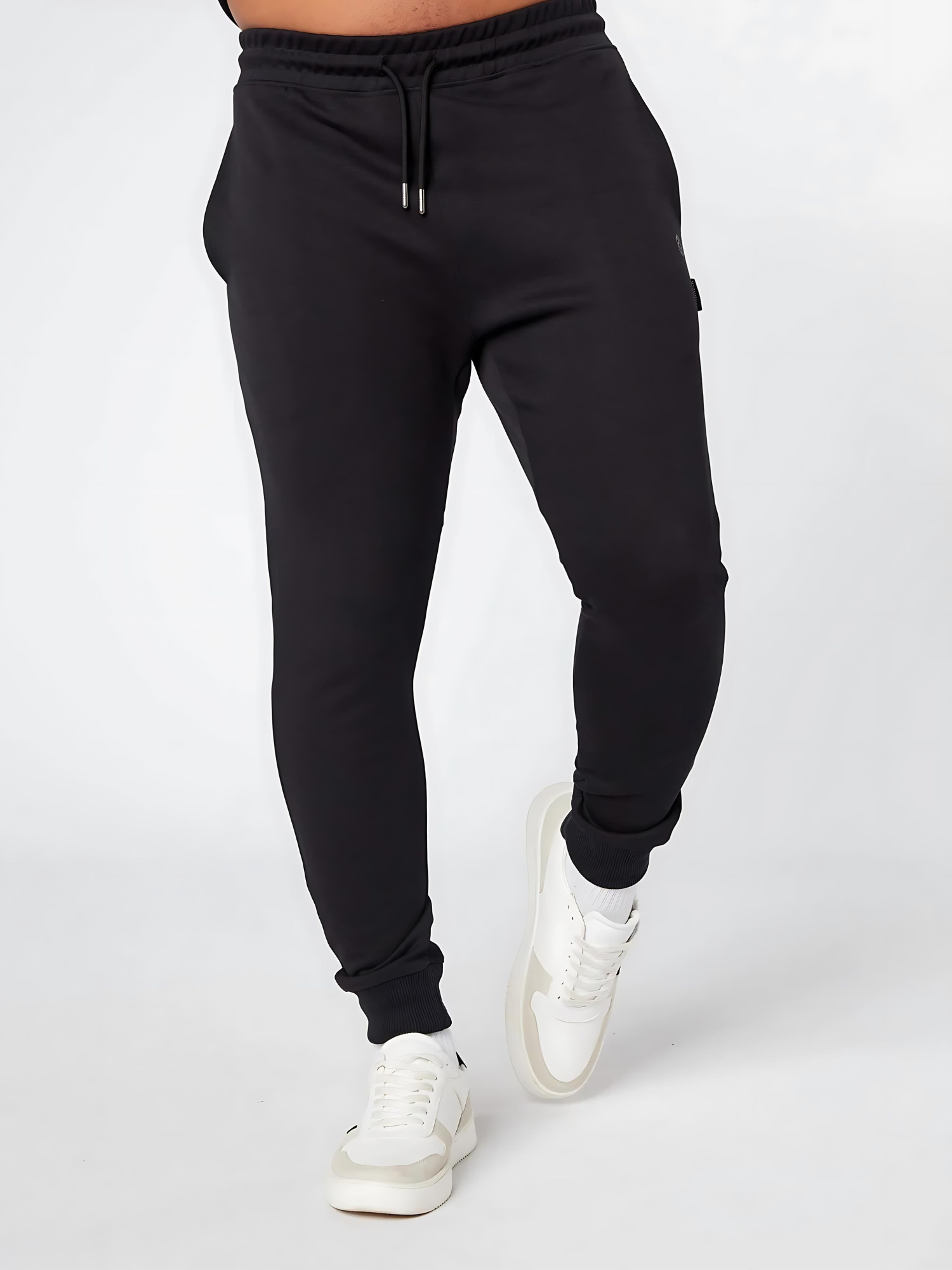 Mens slim fit street wear black jogger with golden logo - front view - Lexanber UK