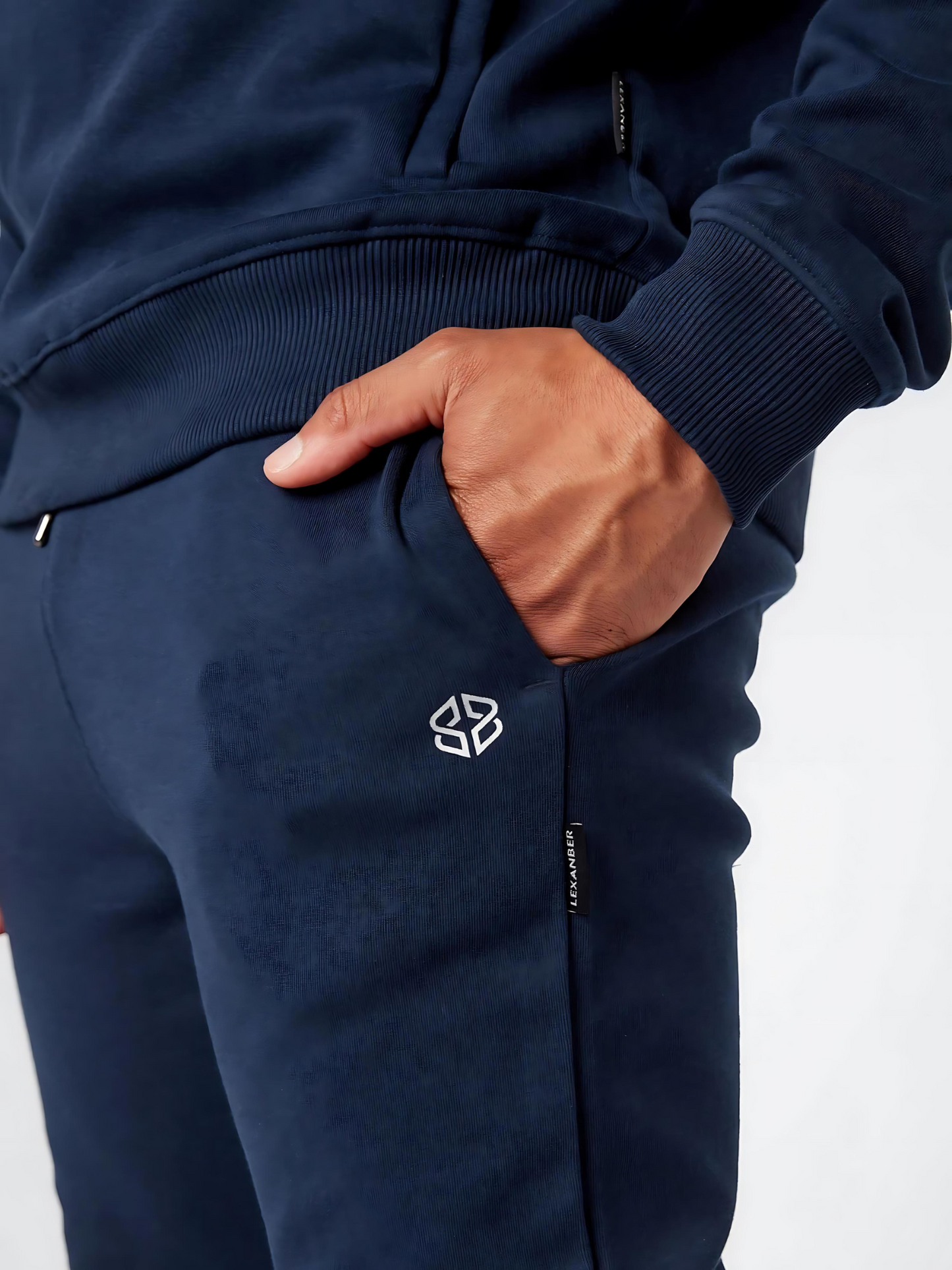Close-up view of slim fit mens daily wear jogger in blueberry- Lexanber UK