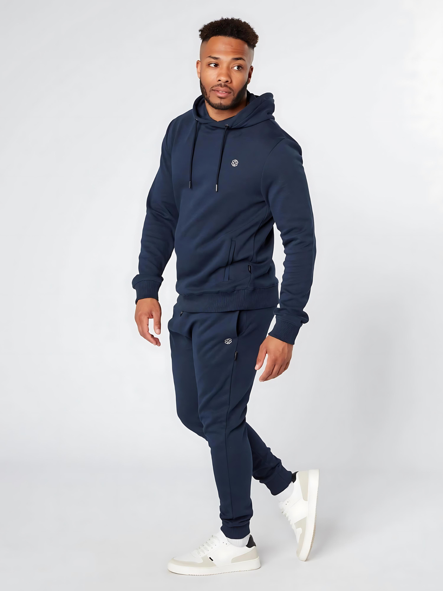 Model wearing slim fit men's daily wear jogger in blueberry - Lexanber UK