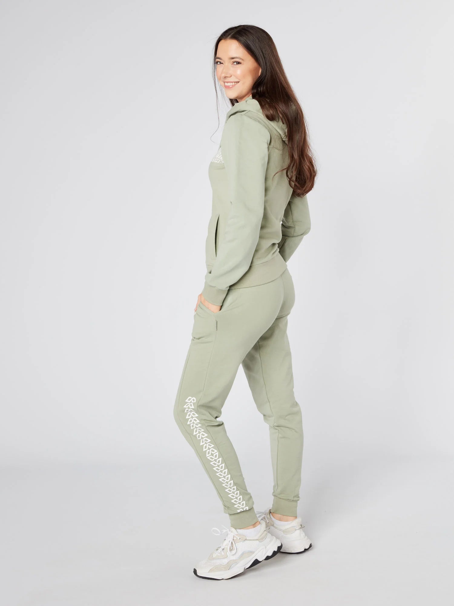Slim fit women's street wear sage green cotton rich jogger with graphic print - Lexanber UK