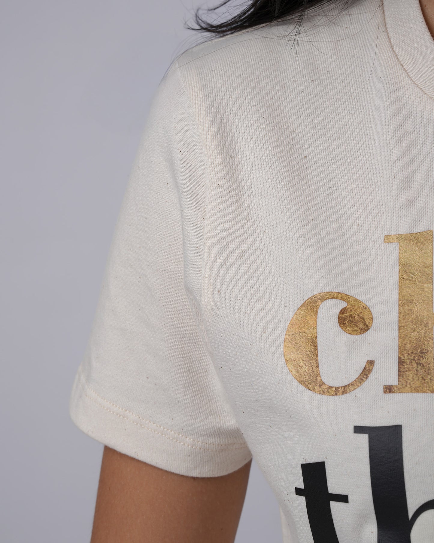 Women's slim printed raw organic cotton - fabric detail view - Lexanber UK