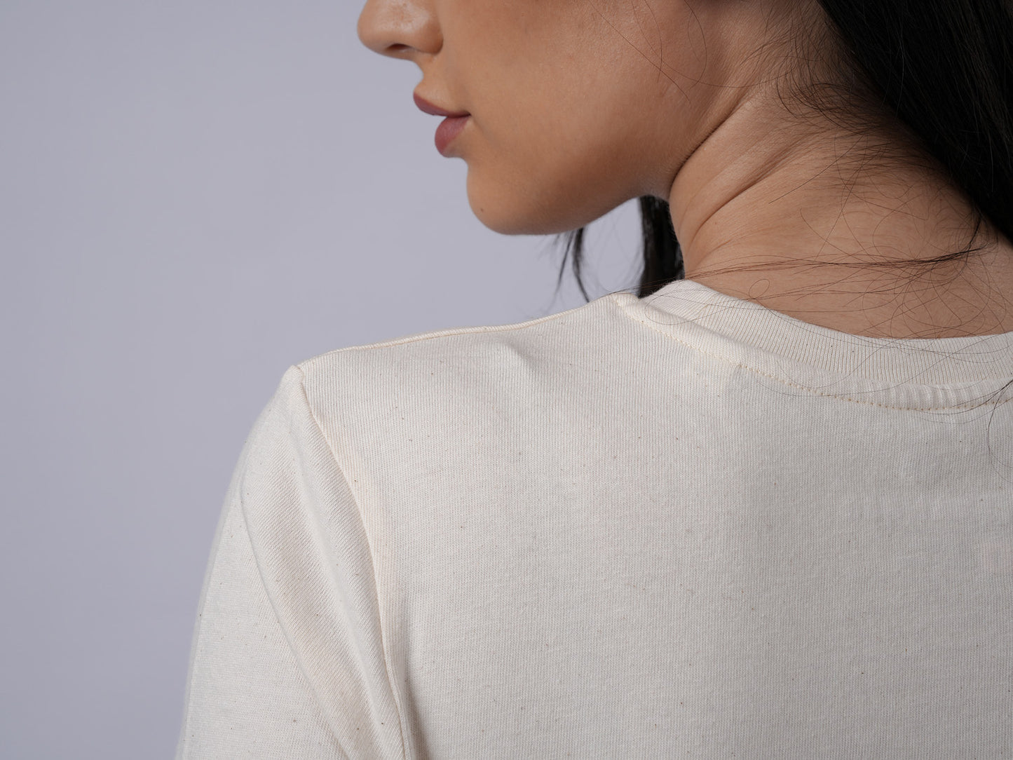 Women's slim printed raw organic cotton - fabric detail back view - Lexanber UK