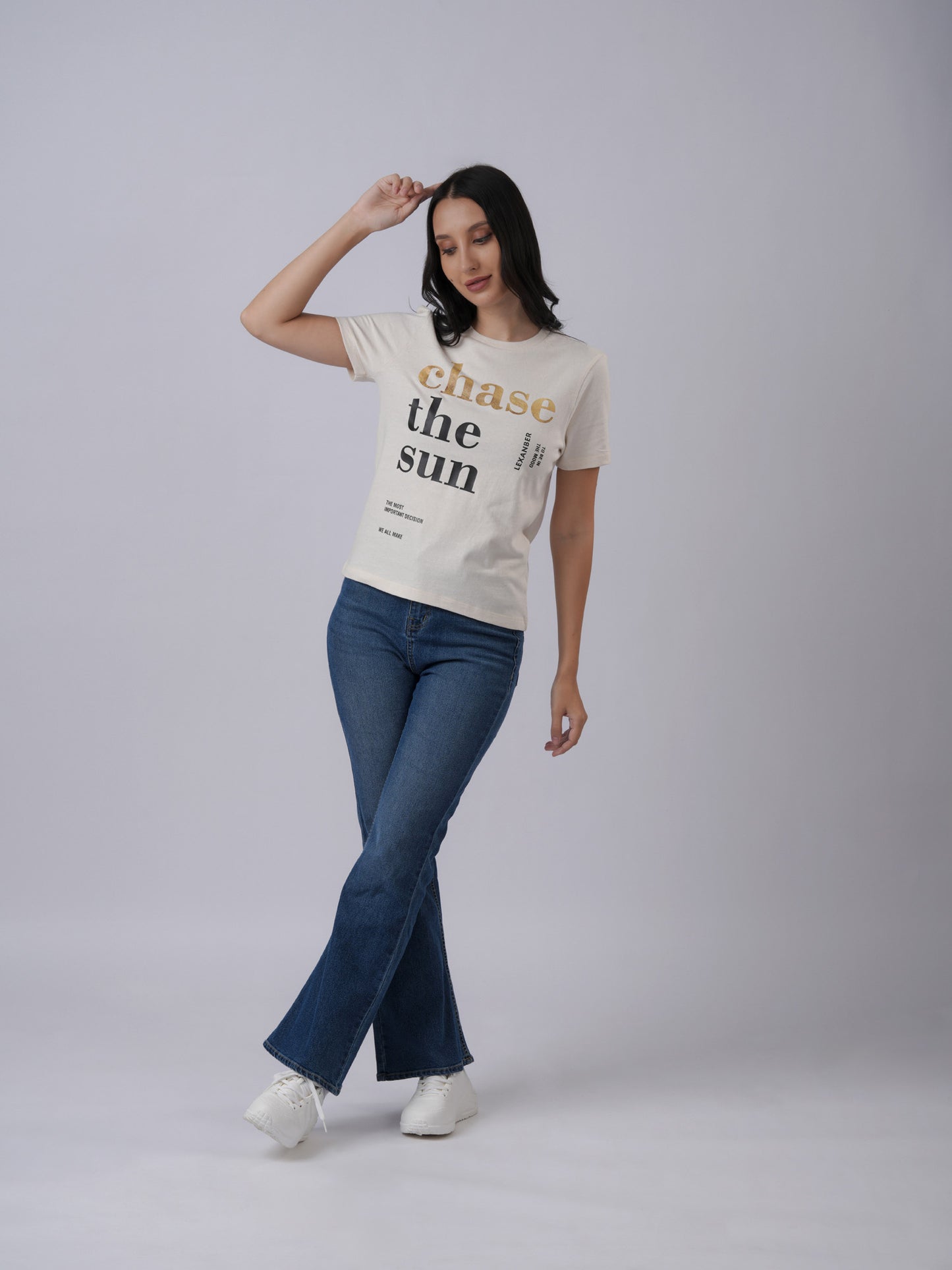 Women's slim fit ivory t-shirt with 'chase the sun' text - front view - Lexanber UK