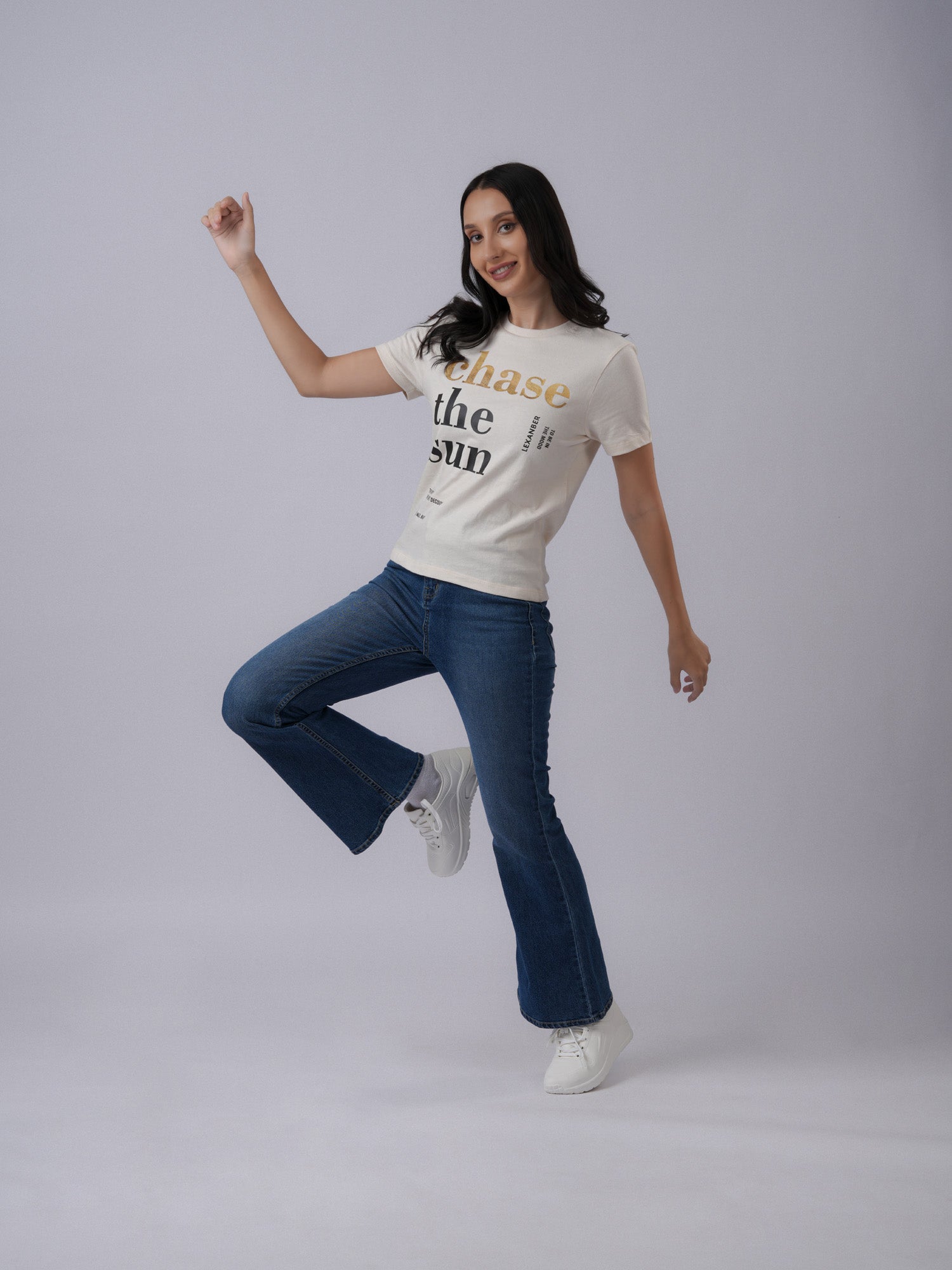 Model wearing printed floral design slim ivory tshirt - Lexanber UK