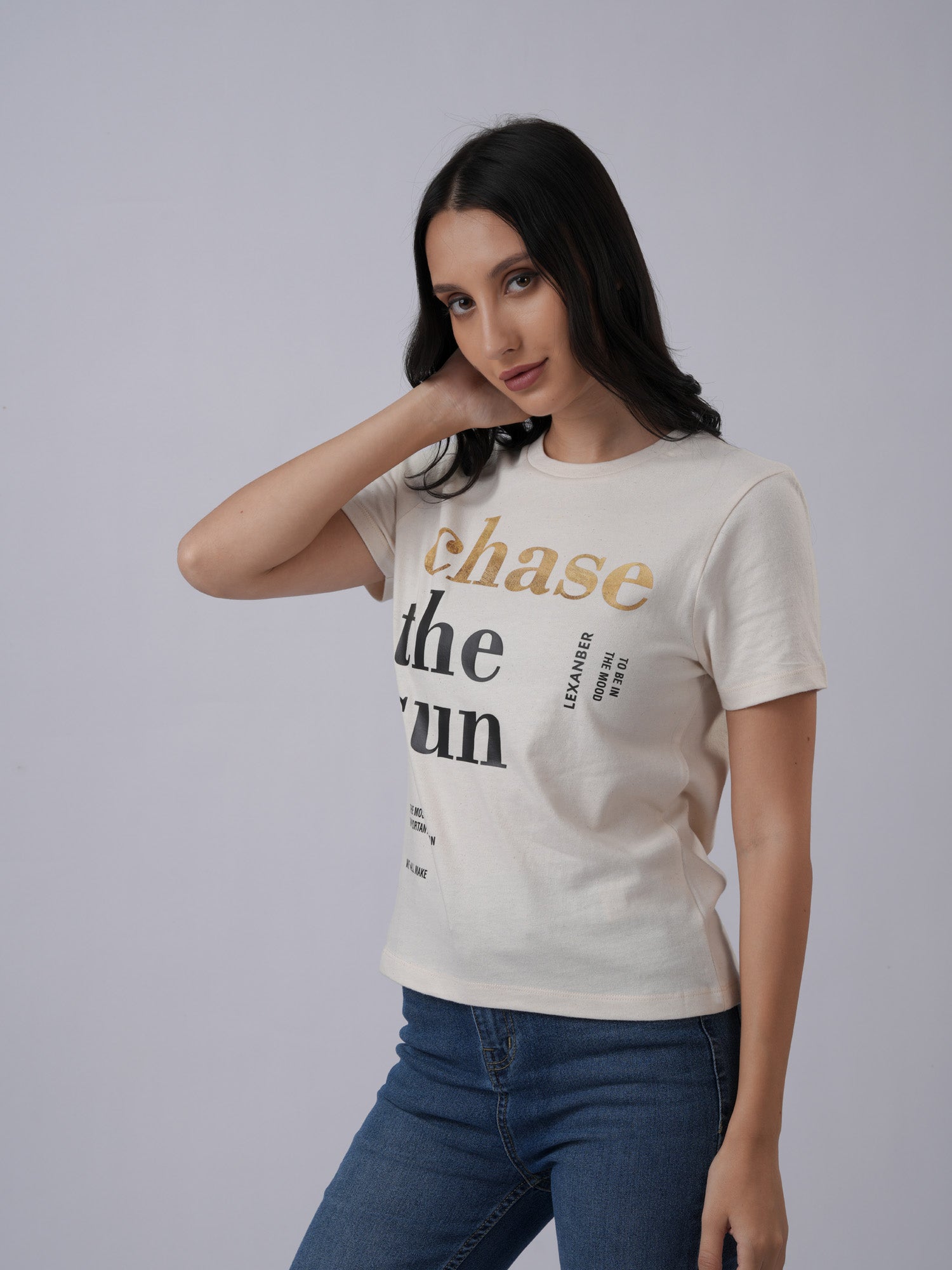 Women's slim everyday wear printed ivory raw organic cotton tshirt - side view - Lexanber UK