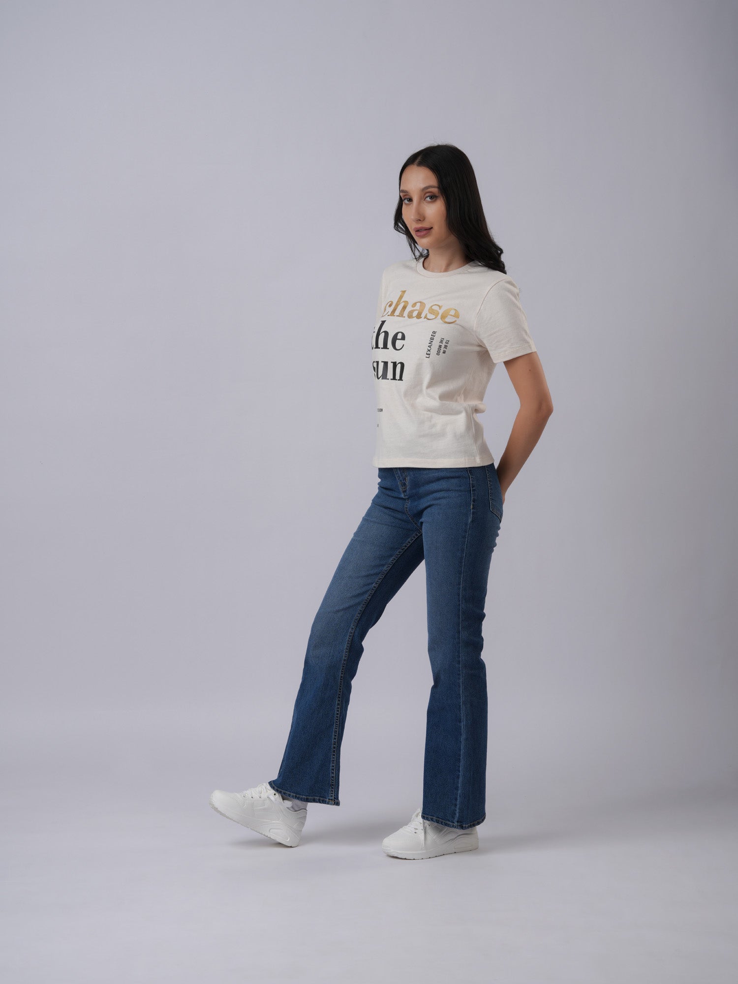 Women's slim everyday wear printed ivory raw organic cotton tshirt - side view2 - Lexanber UK